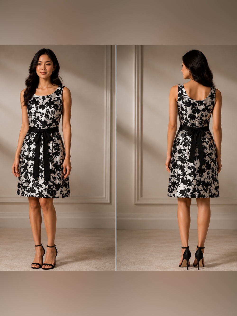 Black and White Floral Midi Dress with Waist Sash